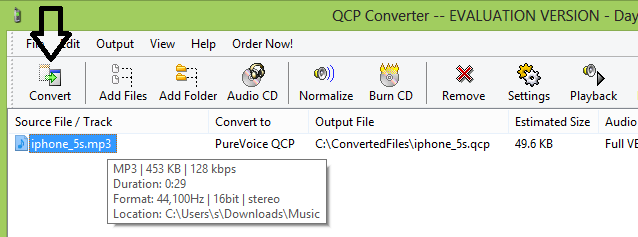 how to convert Mp3 files to QCP - step 2